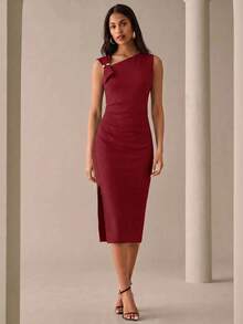 Lilora Dark Red Women's Solid Color Asymmetric Neckline Sleeveless Mid-Length Dress Summer Urban Style Sexy Mature Elegant Wedding Dinner Night Cocktail - Burgundy - View 5