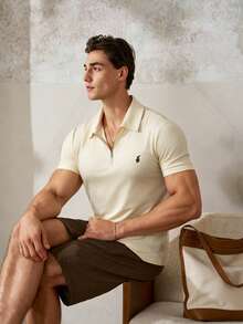TONEVAULT Men's Half-Zip Casual Versatile Daily Travel Short Sleeve T-Shirt - Khaki - View 5