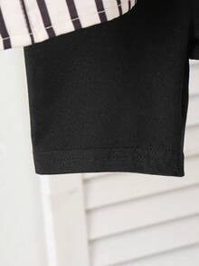 SHEIN 2026新款男童休閒條紋套裝，米色與黑色直條紋刺繡開襟外套 + 基礎黑色短褲，2件組帥氣嬰兒日常穿搭 - 黑與白 - 查看 8