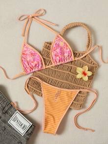 Swim Mod 女款夏季海灘花卉印花掛脖綁帶性感時尚比基尼三角泳褲兩件式泳衣套裝 - 橘色 - 查看 8
