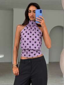 Aloruh Women's Elegant Sexy Round Neck Tie-Up Halter Purple Polka Dot Print Top Night Out Summer - Lilac Purple - View 7