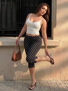 Hourglow Quần legging capri chấm bi xẻ gấu mới, cạp chun co giãn mặc thường ngày, quần áo nữ size lớn - màu nâu - Xem 4