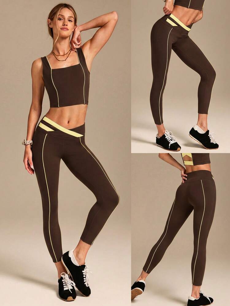 24" FeatherFit™ Core Confidence Soft Stretchy Sweat-Wicking Contrasting Color Crossover Waist Leggings Yoga Pilates Studio Daily Casual Wear