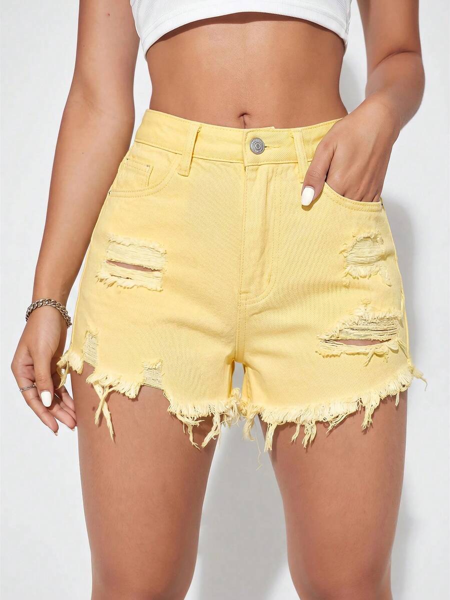 SHEIN Essnce 女款磨損毛邊鈕扣口袋牛仔短褲 - 黃色 - 查看 1