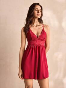 Charlaine Camisola de Pijama com Renda em Contraste - Vinho - Visão 4