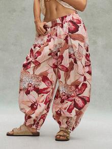 Bohemela Casual Woven Printed Loose Fit Women's Long Pants Beach Panlakad Burgundy Autumn - Multicolor - View 6