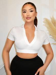 SHEIN SXY 夏季纯色短款 T 恤 - 白色 - 查看 5