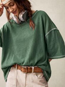 Bohemela Casual Solid Color Knit Round Neck 3/4 Sleeve Loose Washed T-Shirt Holiday Forest Green Autumn - Dark Green - View 5
