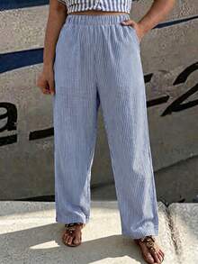 EMERY ROSE Plus Size Women's Pocket Loose Linen Striped Vacation Pants Fall - Multicolor - View 5