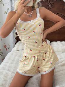 CottageSlumber Damen Gelb & Weiß Gestreift Kirsche Fein Gerippt Seide Spitze Camisole & Kurzarm Pyjama Set, Sexy Stil - Gelb - Übersicht 6