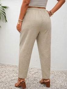 SHEIN Frenchy Mother's Day Casual Versatile Plus Size Vacation Solid Color Comfortable Crepe Textured Fabric Pants With Pockets Fall - Khaki - View 2