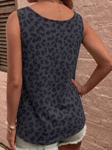 EMERY ROSE New Plus Size Women's Fashion Casual Versatile Leopard Print Button U-Neck Tank Top - Multicolor - View 2