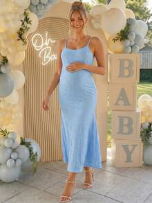 Loomaby Vestido elegante de tirantes finos con encaje floral y bajo de cola de pez para maternidad - Azul - Ver 2