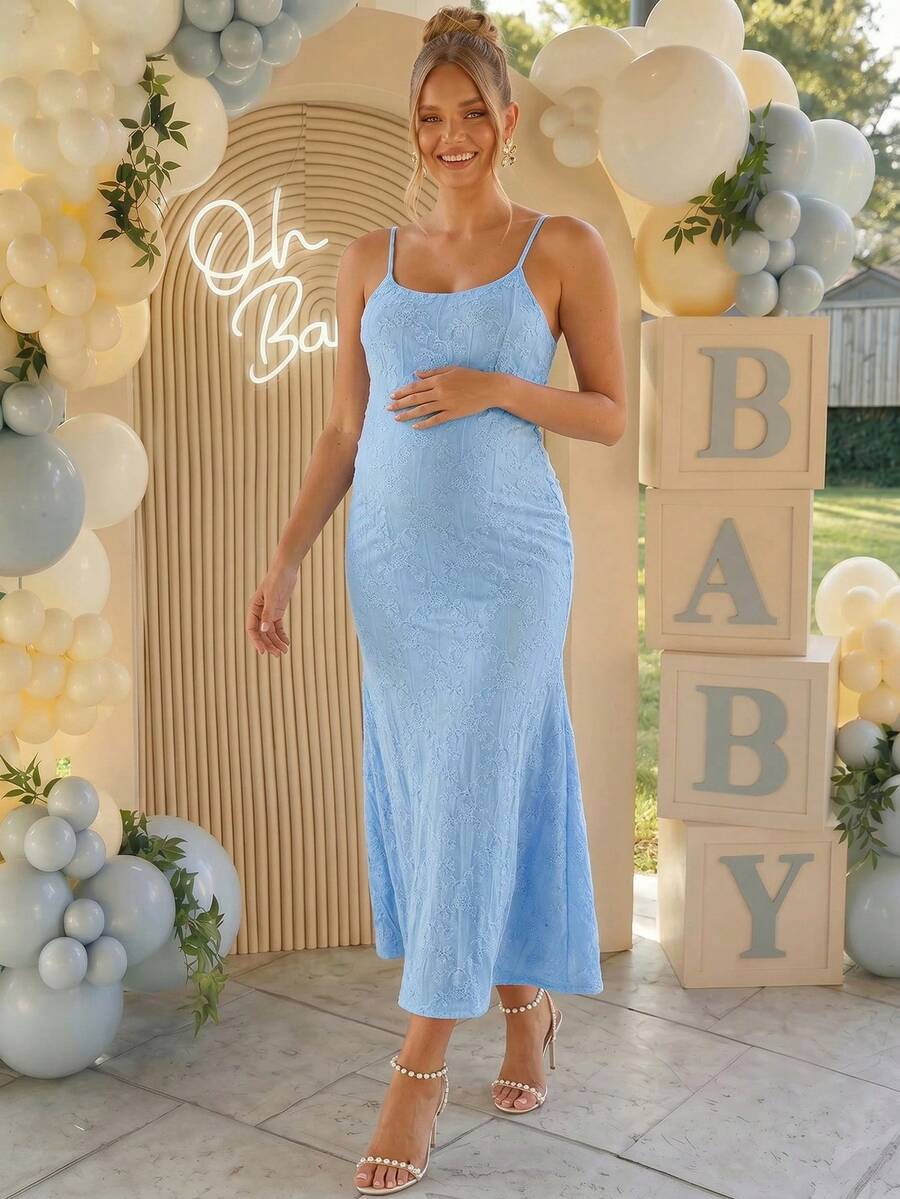 Loomaby Vestido elegante de tirantes finos con encaje floral y bajo de cola de pez para maternidad