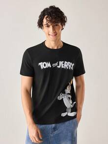Strevion TOM & JERRY 男士简约绅士 Jerry & Tom 印花圆领短袖T恤，夏季款 - 黑色 - 查看 4