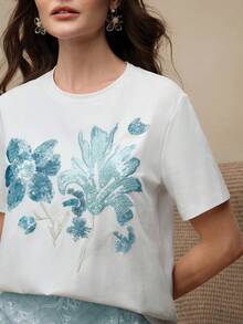 Anewsta 夏季優雅小眾設計亮片刺繡獨特白色短袖T恤上衣女款修身 - 藍色 - 查看 2