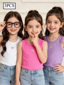 SHEIN Elladie kids 少女3件組夏季休閒螺紋針織素色背心，女孩可愛Y2K辣妹風心形鏤空無袖T恤，甜美多巴胺配色公主風上衣，適合度假、海灘及日常穿著 - 彩色 - 查看 3