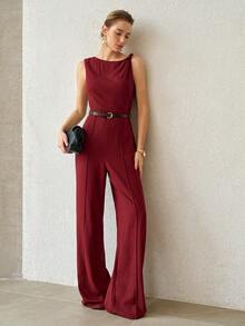 MOTF PREMIUM WOMEN'S AUTUMN LINEN BLEND STRUCTURED DESIGN LONG JUMPSUIT WITH BELT OFFICE DINNER BURGUNDY ELEGANT - Red - View 6
