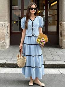 Teen Girls Fashion Casual Woven Bubble Textured Fabric Cropped Jacket With Long Skirt, Contrast Color Wavy Ribbon Trim, Eye-Catching Detail, Loose Fit, Comfortable, Suitable For Spring, Summer, Autumn, Daily Commute, Outings, Gatherings, Photo Shoots - Blue - View 4