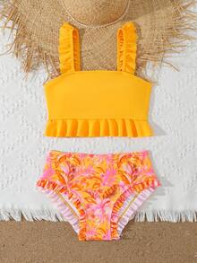 SHEIN Conjunto de traje de baño para niña preadolescente con top de tirantes con volantes simple y lindo y Bottom de bikini con estampado floral - Naranja - Ver 5