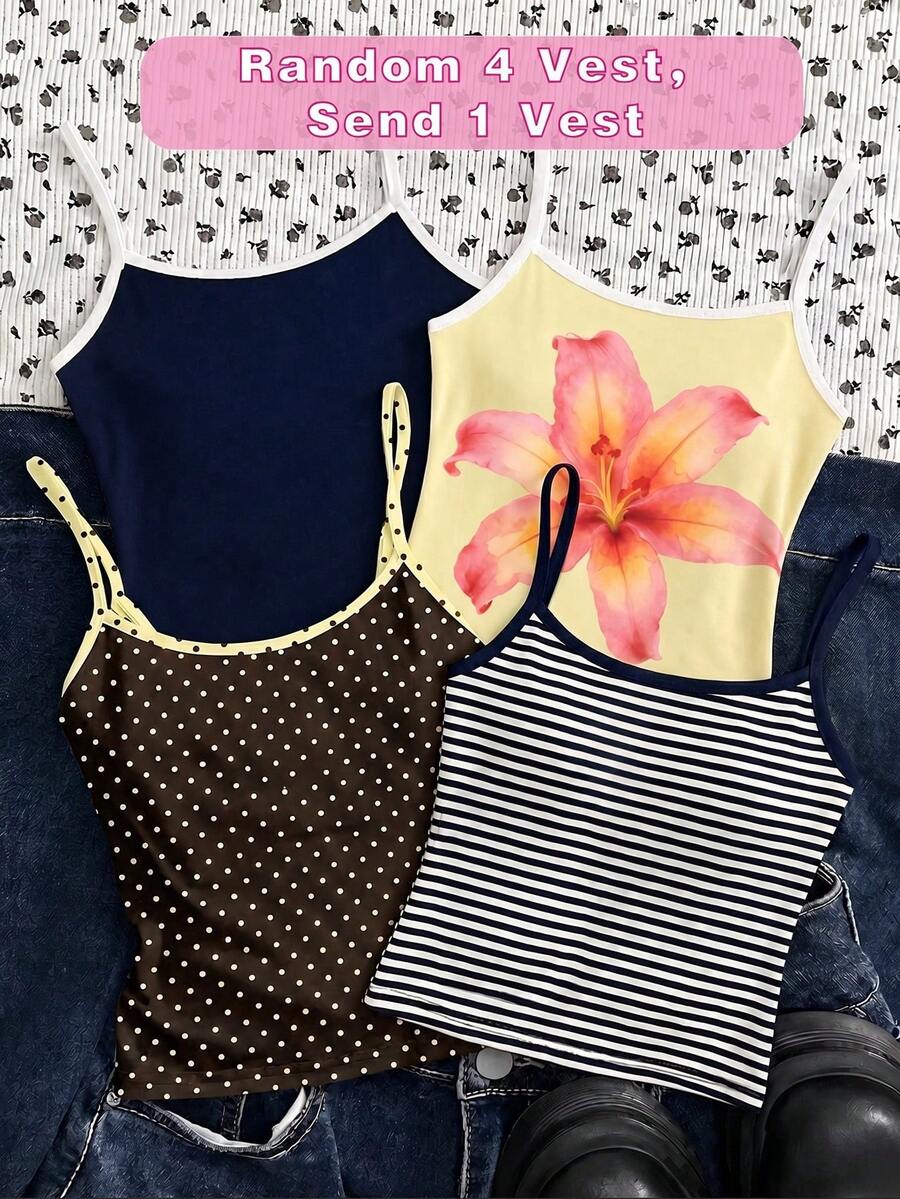 Áo tank top ôm sát dây mảnh phong cách tối giản thường ngày cho bé gái tuổi teen, họa tiết hoa, áo mùa hè - Nhiều màu - Xem 1