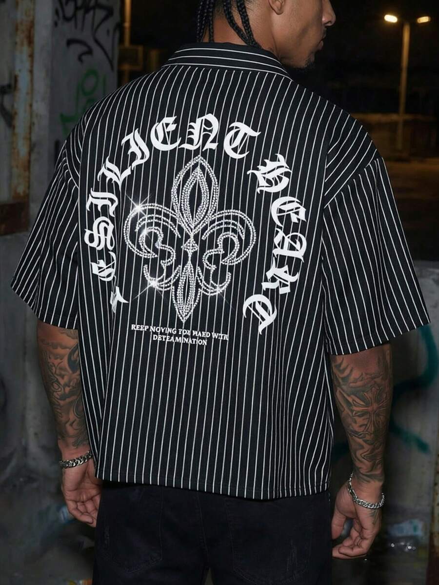 AXEPEAK Men's Striped Letter Print Short Sleeve Single-Breasted Casual Shirt - Black - View 1