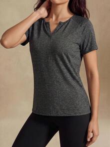 Glamine Women's Solid Color Notch V-Neck Regular Shoulder Casual Comfortable Sports Short Sleeve T-Shirt - Charcoal Grey - View 2