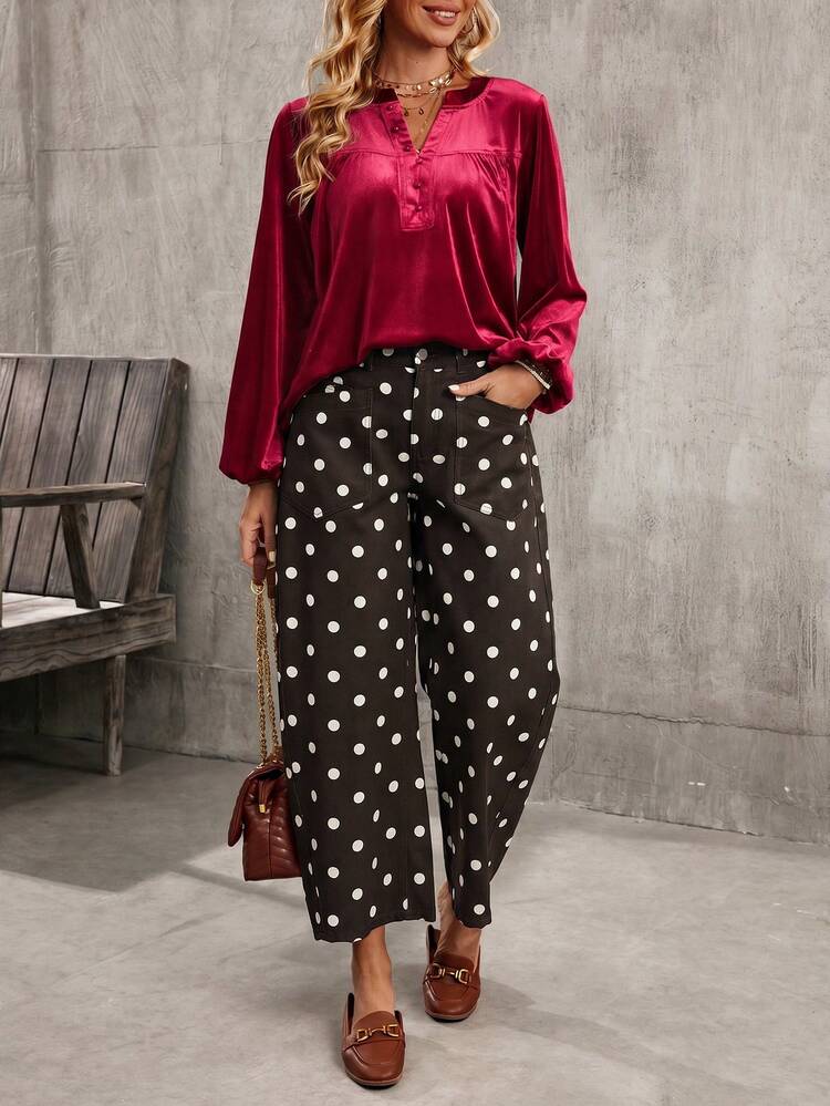 EMERY ROSE Women's Polka Dot Pattern Pocket Casual Loose Wide Leg Jeans - Coffee Brown - View 6