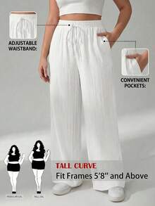 SHEIN Tall CURVE Plus Size Solid Color Elastic Waist Drawstring Tie Loose Pants Fall - White - View 2