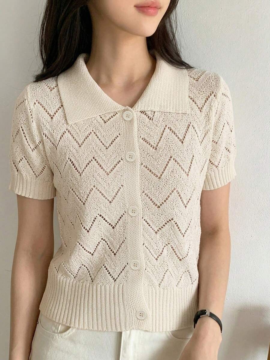 DAZY Áo dệt kim nữ công sở casual cổ polo tay ngắn - Màu be - Xem 1