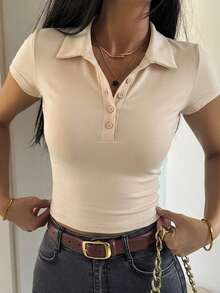 DAZY T-shirt streetwear d'été pour femme, col chemise, manches courtes, coupe slim, sexy et décontracté, pull-over - Camel - Voir 5