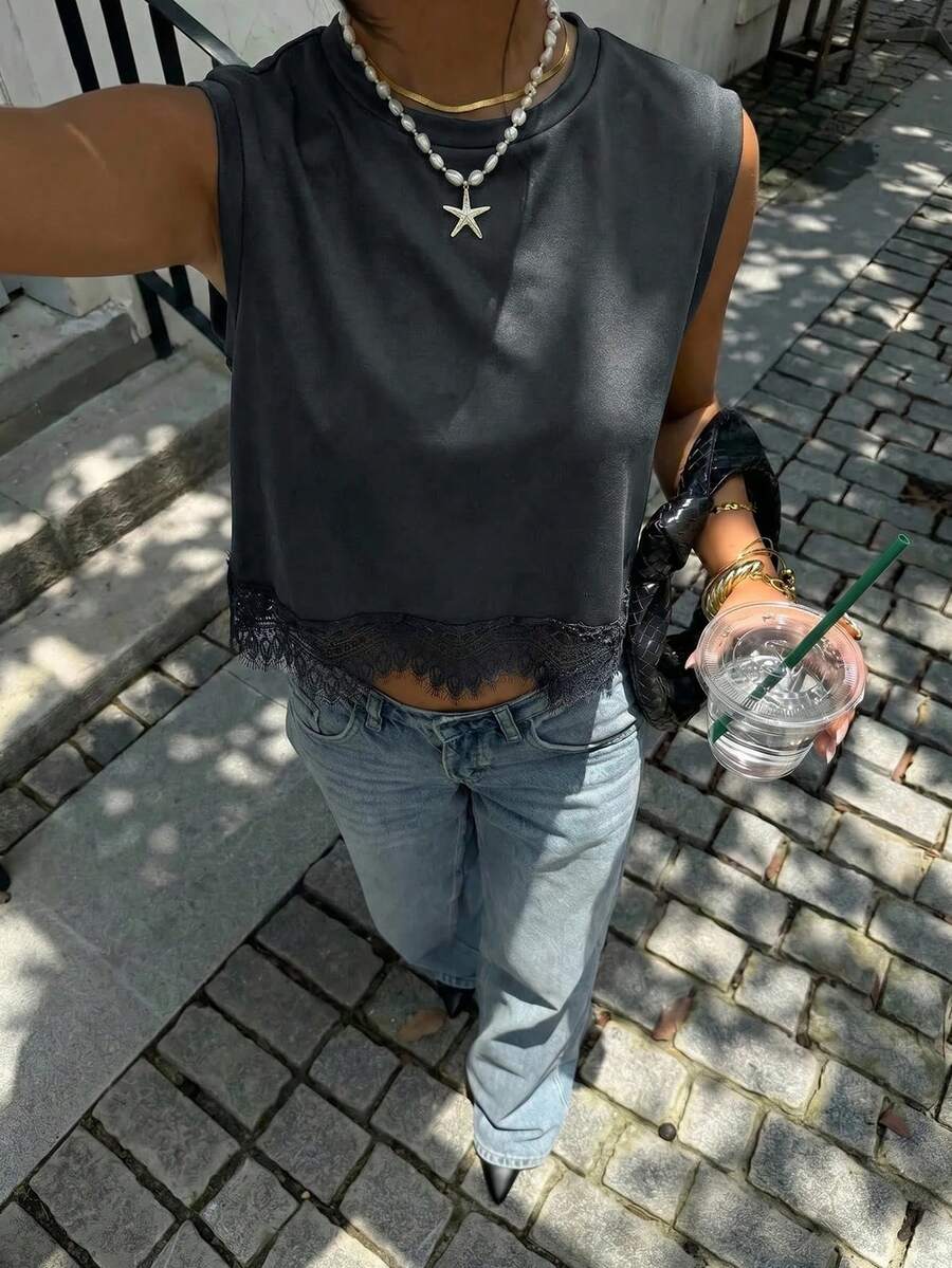 Siren Gaze Spring/Summer New Solid Color Lace Patchwork Tank Top - Dark Grey - View 1