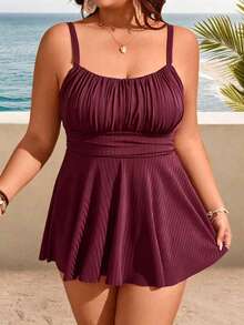 Swim Lushoire Plus Size Women 2pcs Solid Color Spaghetti Strap Minimalist Fashion Separate Two Pieces Tank Bikini Swimsuit - Burgundy - View 6