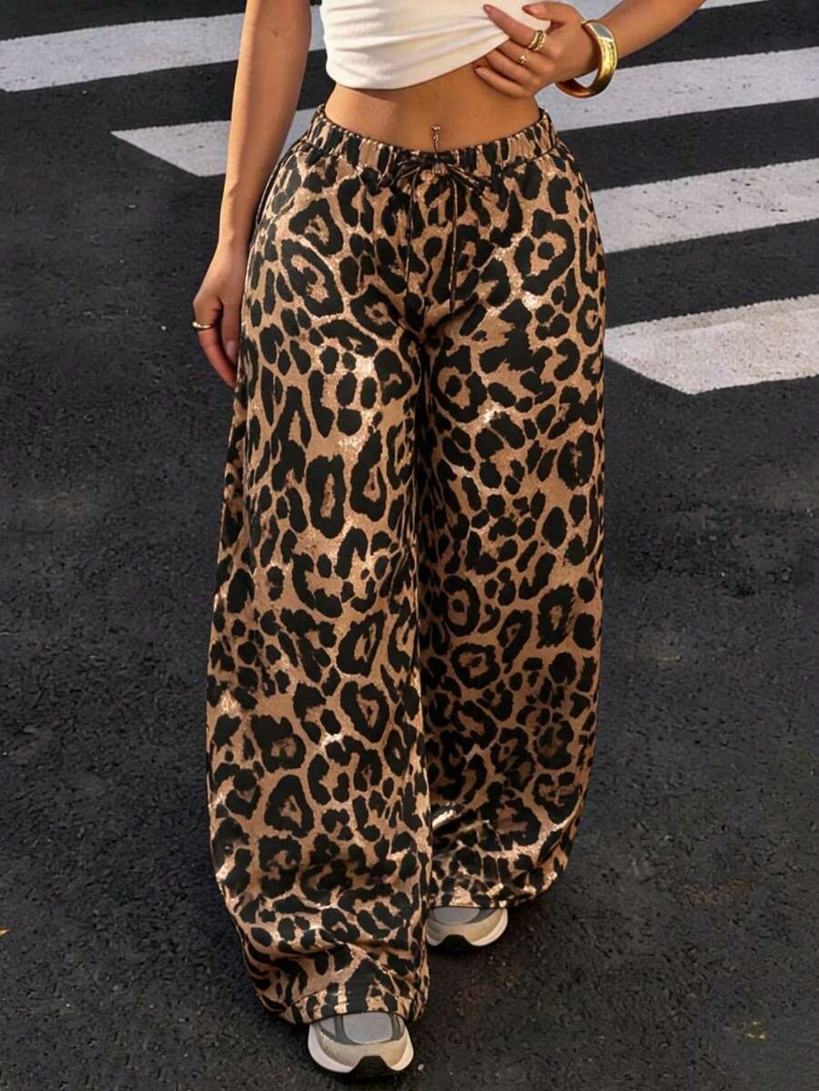 SHEIN SXY 秋季女装；豹纹；女士豹纹宽松低腰宽松裤