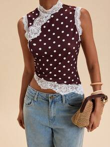 Travachic Polka Dot Lace Patchwork Women's Tank Top Summer Party Everyday Birthday Dates Tea Brunch Daytime Country Concert Elegant Romantic - Multicolor - View 1