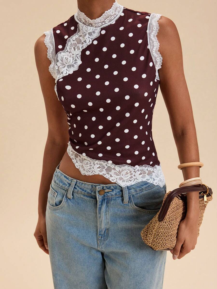 Travachic Polka Dot Lace Patchwork Women's Tank Top Summer Party Everyday Birthday Dates Tea Brunch Daytime Country Concert Elegant Romantic - Multicolor - View 1