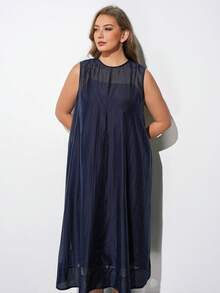 Maija Plus Size Women's Long Dress,Navy Blue Elegant Vacation Round Neck Sleeveless Loose Fit Soft Woven Fabric Modern Chic Office Autumn Outfit Halloween - Navy Blue - View 3