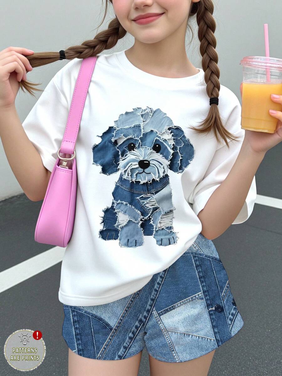 青少年女孩休閒簡約可愛個性化紋理小狗圖案短袖短褲兩件套,適合夏季小狗主題、圖形、日系可愛、女孩套裝、復古、返校季,海軍藍 - 彩色 - 查看 1