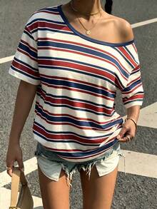 SHEIN EZwear Casual Minimalist All-Over Print Off-Shoulder Loose Short Sleeve T-Shirt For Women,Summer Top - Multicolor - View 5