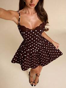SHEIN BAE Summer Polka Dot Neckline Brown And White Polka Dot Lace Patchwork A-Line Mini Puff Dress, Wedding Going Out Bridesmaid Cocktail Party Cute - Coffee Brown - View 2