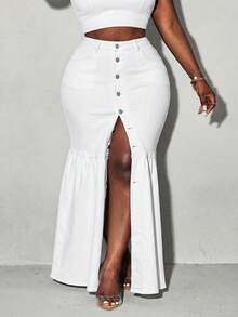 Slaydiva Falda vaquera ajustada de talla grande para mujer con botones y volantes en el bajo de unicolor - Blanco - Ver 2