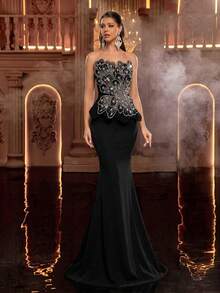 Glamrae Elegante y lujoso vestido de sirena de punto elástico con patchwork de bordado floral, cuentas de burbuja y lentejuelas, adecuado para boda, fiesta, despedida de soltera, vacaciones, baile de graduación, vestido de noche (estilo de mano de obra pesada) - Negro - Ver 3
