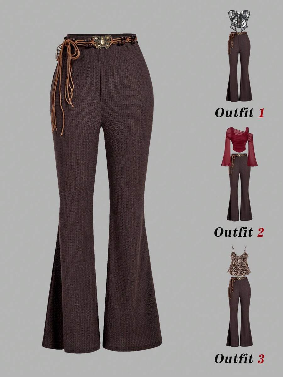 SHEIN MOD 女士纯色休闲及办公风喇叭裤 - 棕色 - 查看 1