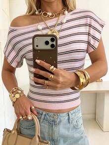 SHEIN EZwear 新款極簡多巴胺度假風條紋春夏女款休閒淺黃灰色拼接不對稱領針織上衣，春夏海灘風穿搭，春假夏季必備 - 彩色 - 查看 3
