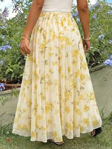 EMERY ROSE Plus Size Yellow Floral Print Chiffon & Lining Casual Skirt - Multicolor - View 2
