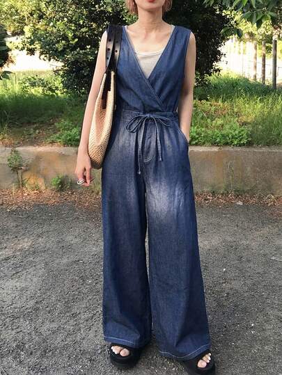 FRIFUL Women's Casual Vacation Style Solid Color Sleeveless Tie-Waist Wide Leg Jumpsuit Summer Picnic Navy Blue