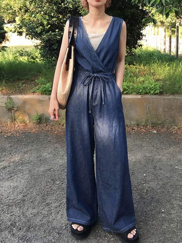 FRIFUL Bộ jumpsuit nữ kiểu dáng thường ngày, màu trơn, không tay, thắt eo, ống rộng, thích hợp cho kỳ nghỉ.