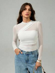 SHEIN Tall Bodysuit nữ màu nâu, tay dài lưới xuyên thấu, cổ giả cao nhún bèo, phù hợp cho tiệc cocktail, hẹn hò lãng mạn, mặc lớp lót mùa đông - trắng - Xem 9