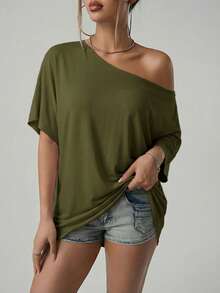 SHEIN ICON 美式街头休闲风不对称肩部宽松纯黑色T恤 - 軍綠色 - 查看 4