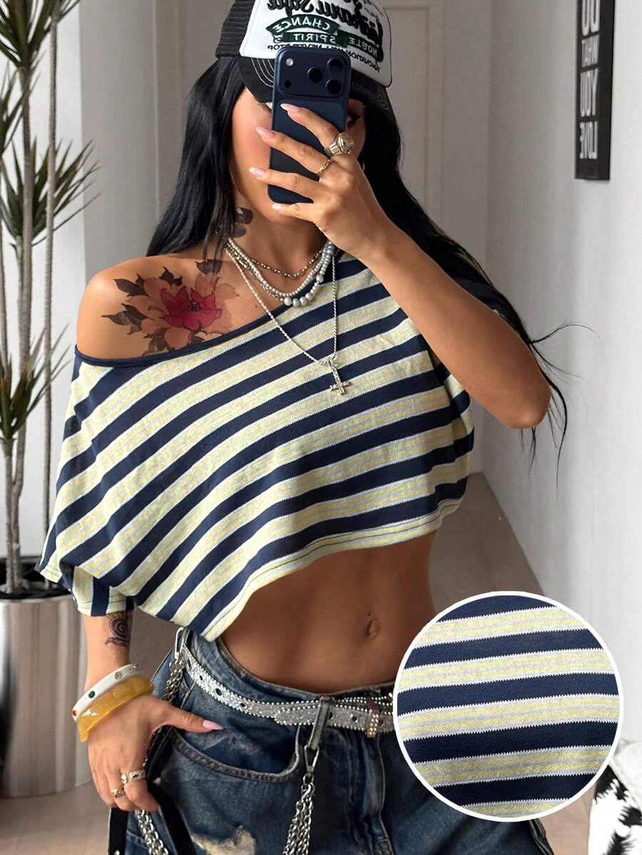 Coolane 女款夏季街頭風性感時尚度假出遊休閒復古日常穿搭黃色條紋舒適露肩短袖短版T恤夏季上衣 - 彩色 - 查看 1
